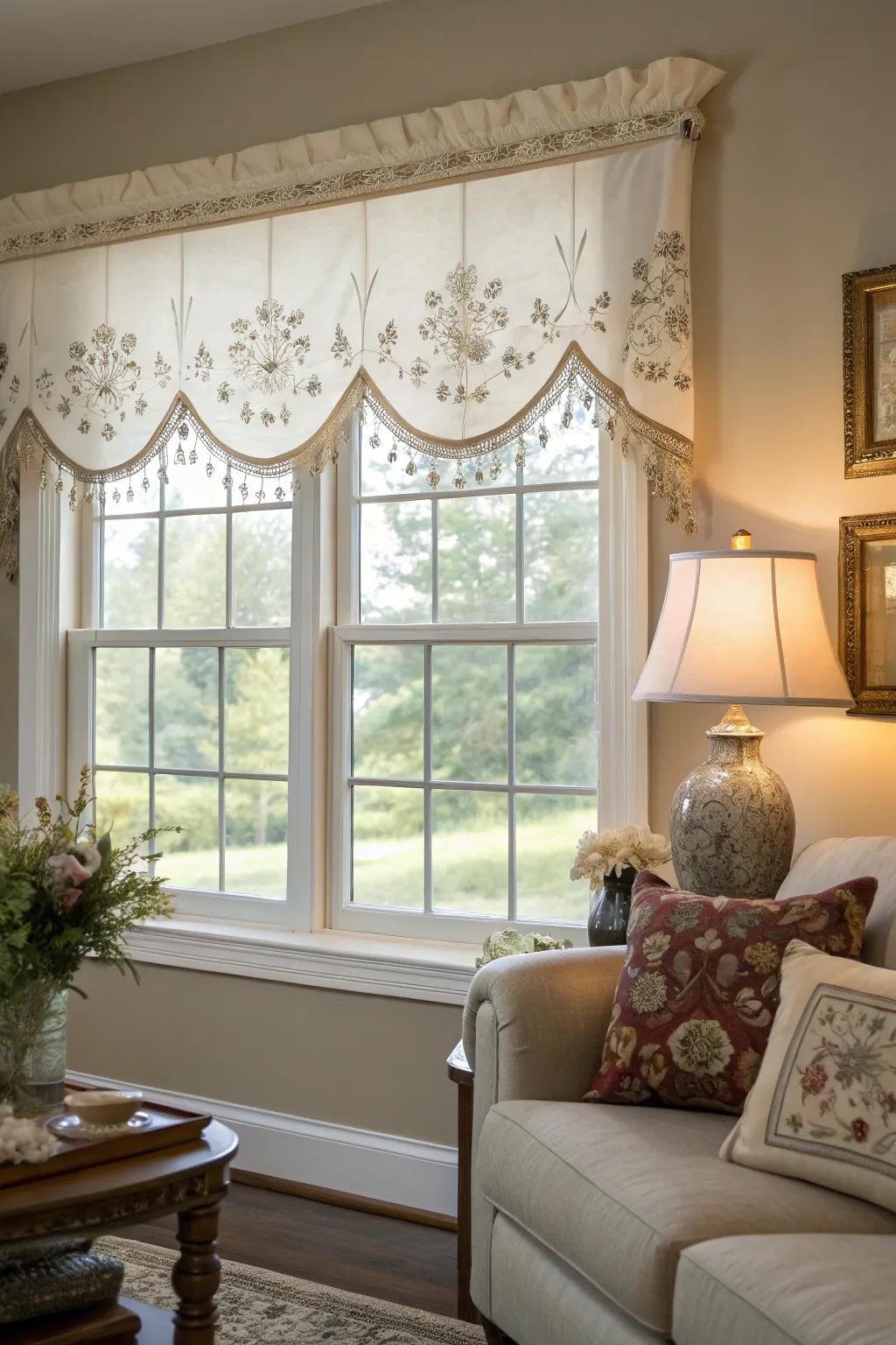 A window showcasing an embroidered appliqué valance within an artistic living space.