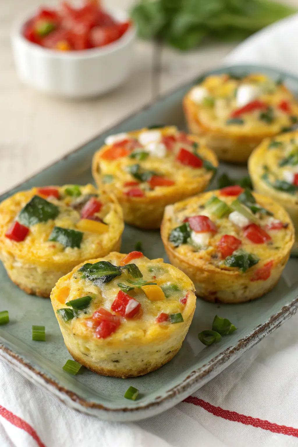 Zesty petite egg puffs with newly harvested vegetables and cheese.