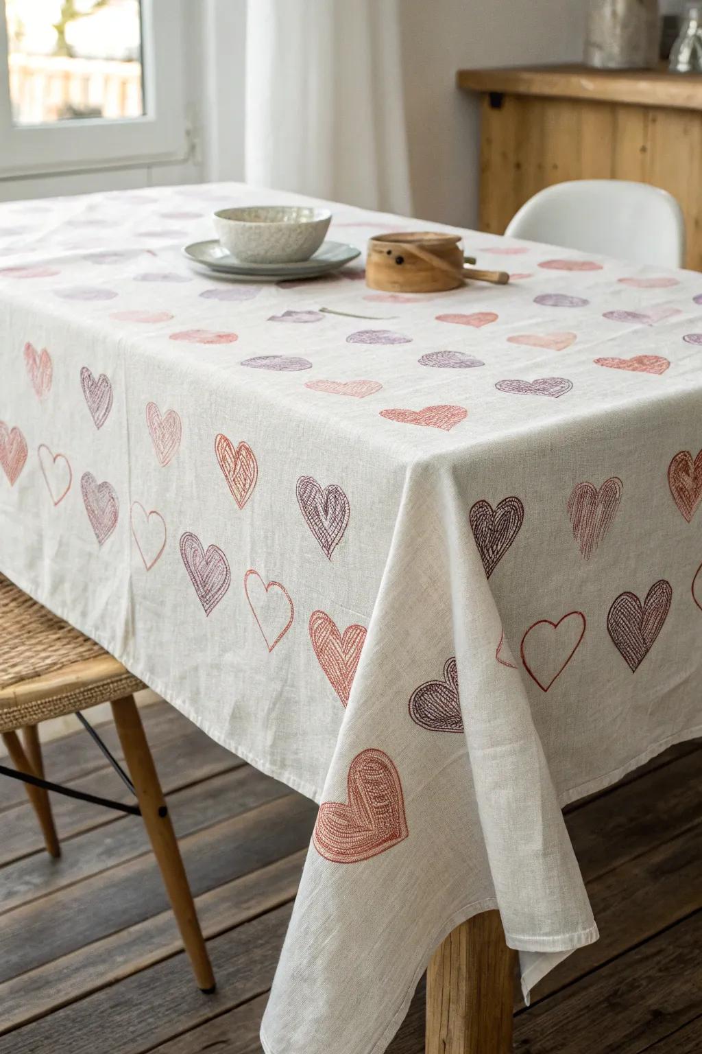 Add a touch of love and creativity to your Valentine's dinner with a handcrafted stamped heart tablecloth.