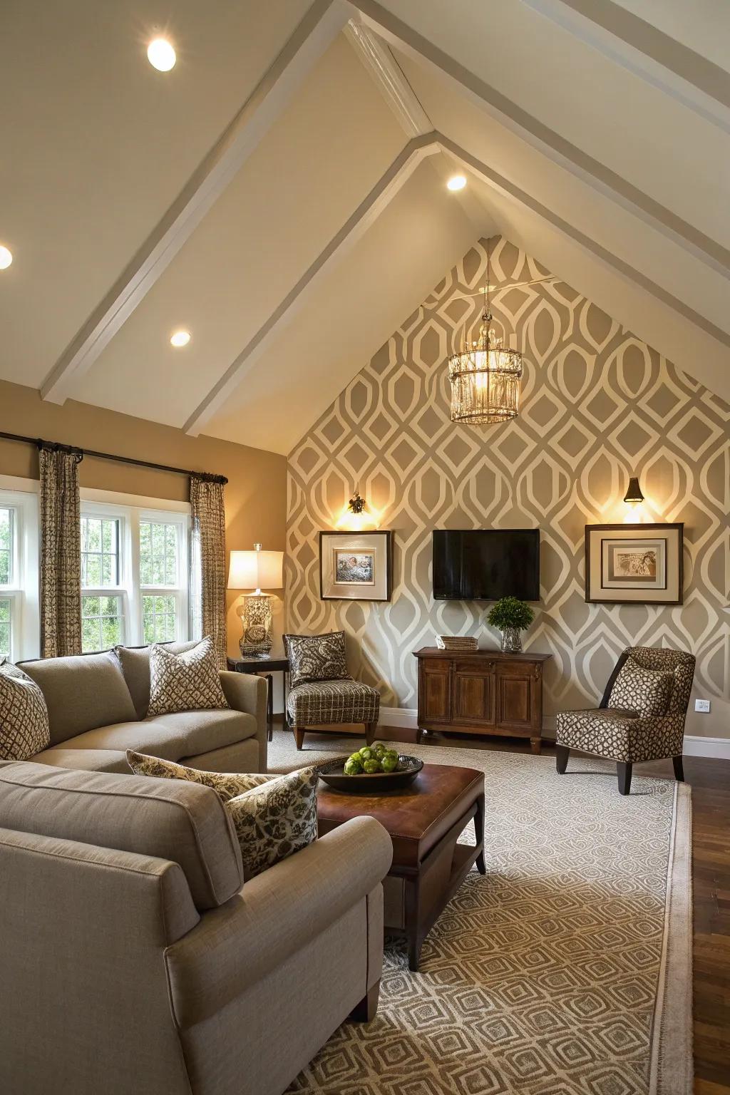 Living room featuring a vaulted ceiling and a geometrical design accent wall