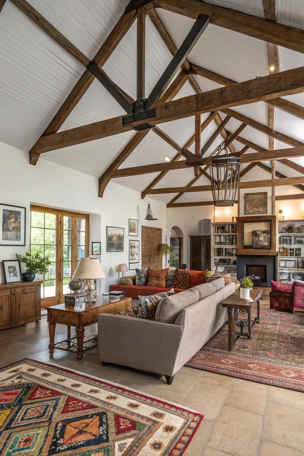 A varied composition of materials resulting in a distinctive vaulted ceiling aesthetic.