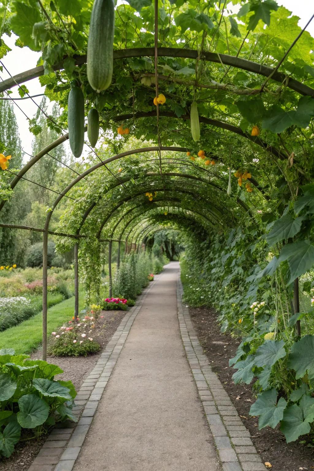 Elevated arches create a magical garden walkway.