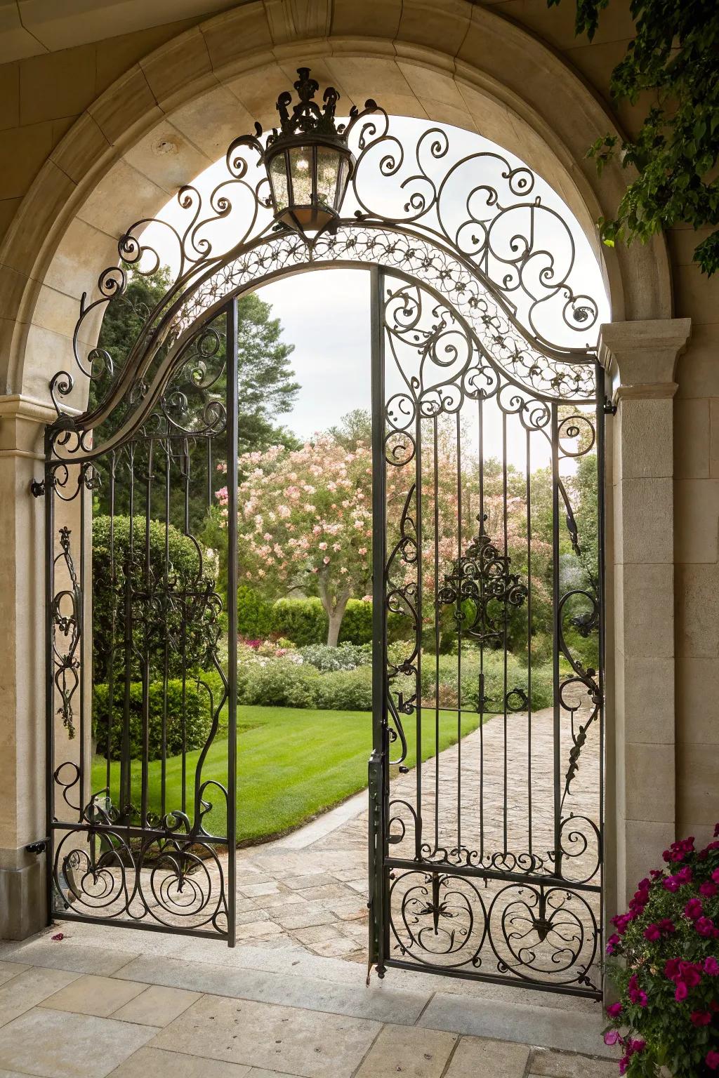 A complex ironwork gate that provides timeless elegance.