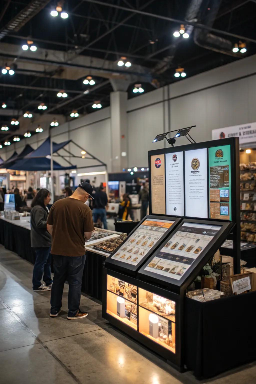 Digital displays introducing a dynamic element to the booth.