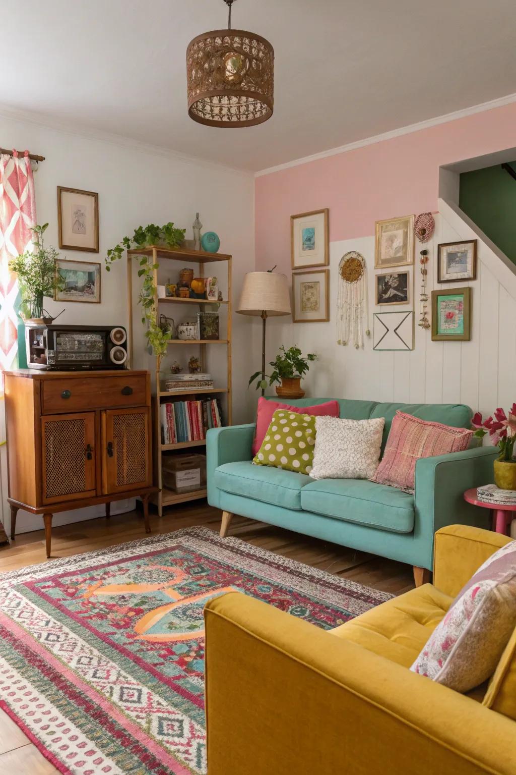 A living space showcasing an eclectic palette, complemented by vintage ornamental pieces.