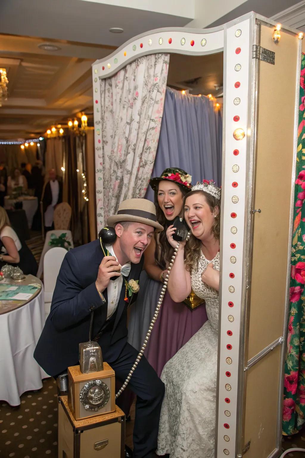 Guests reveling in a retro image corner at a vintage wedding.