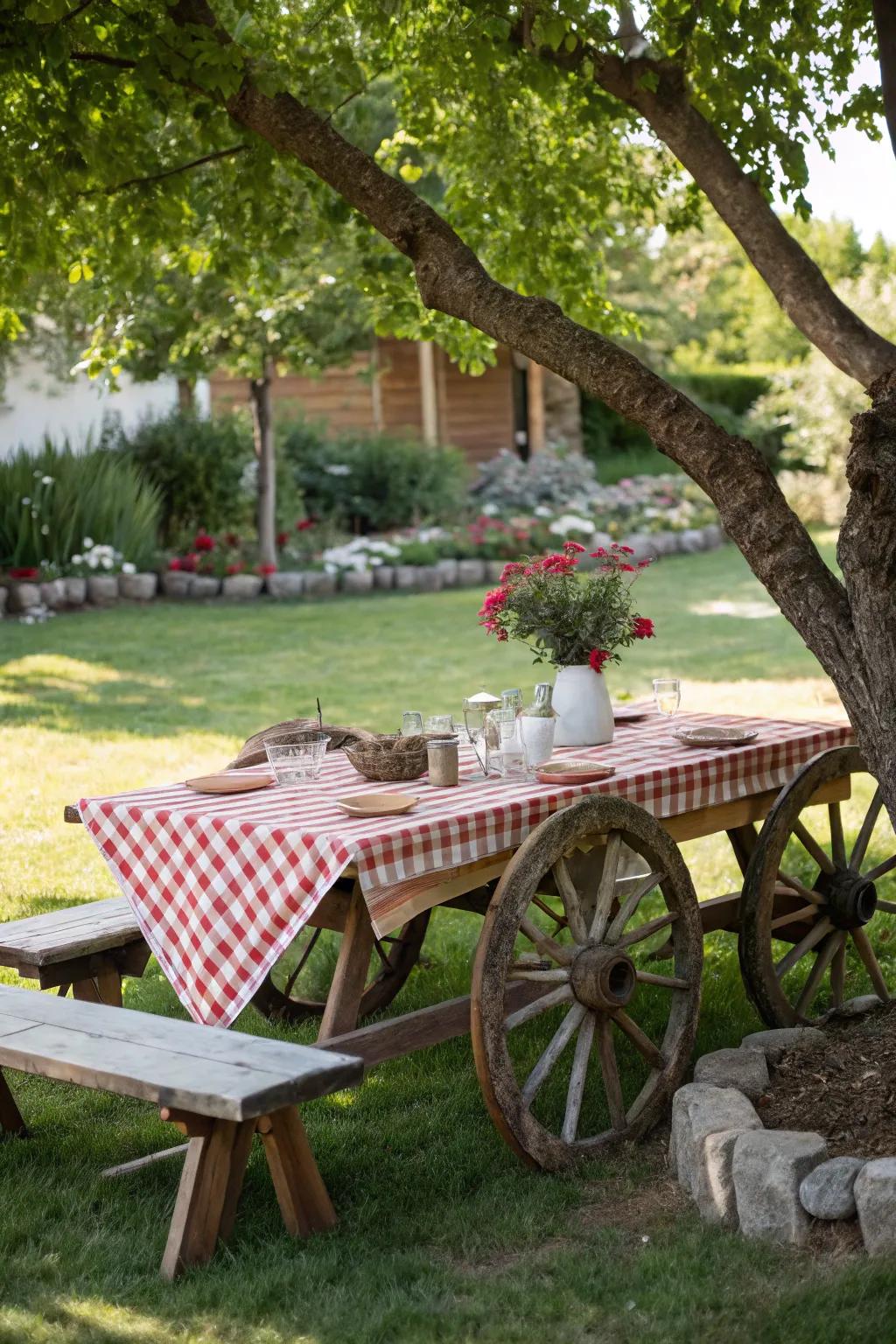 An outdoor gathering table showcasing carriage wheels as its uprights, delivering countryside panache.