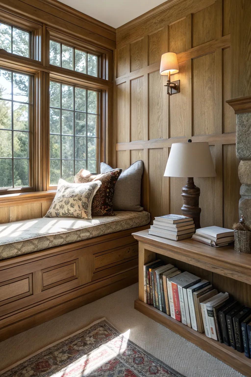 A snug reading nook featuring rustic natural timber paneling.