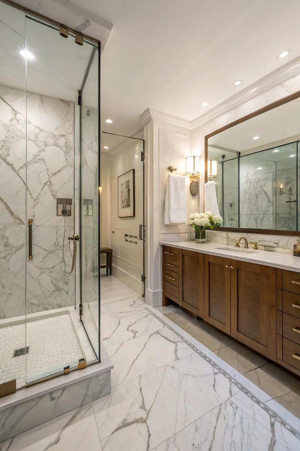 Marble tiles design a luxurious and elegant shower space.