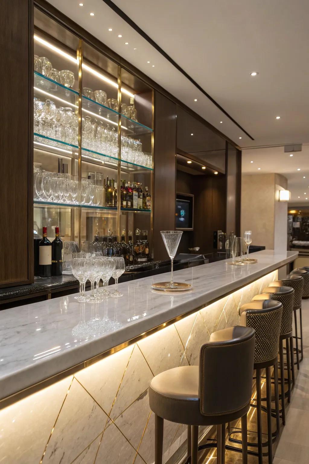 Polished countertops append a luxurious sensation to your domicile bar configuration.