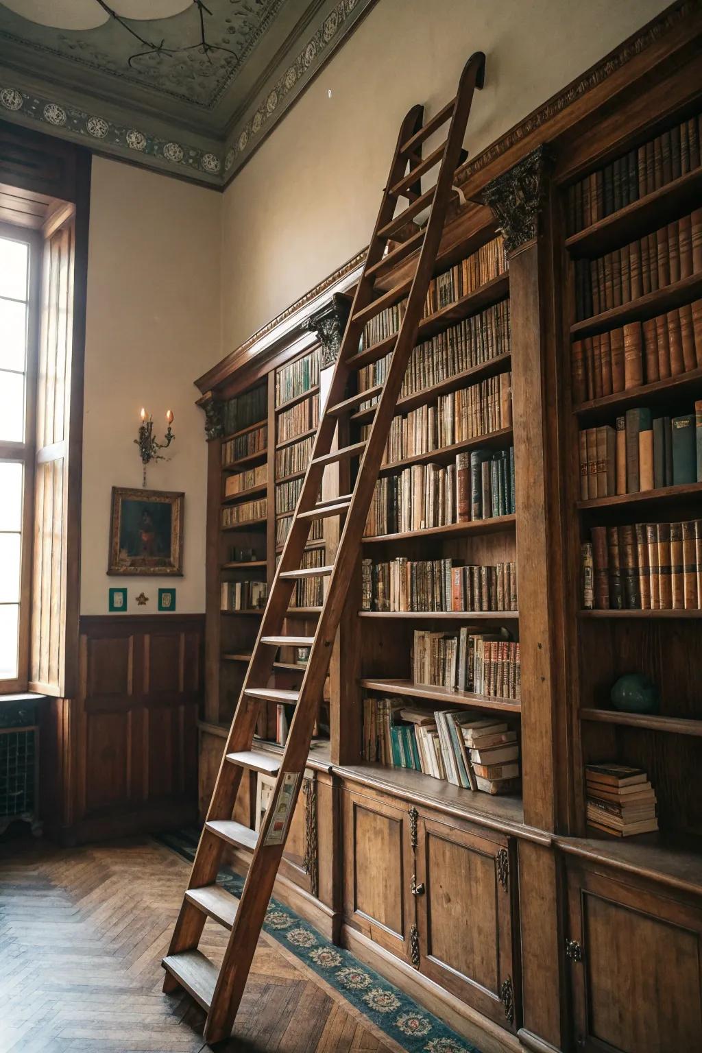 The presence of a mobile library stairway imbues an atmosphere of antiquated allure and enhances the ease of accessing vertically positioned shelves.