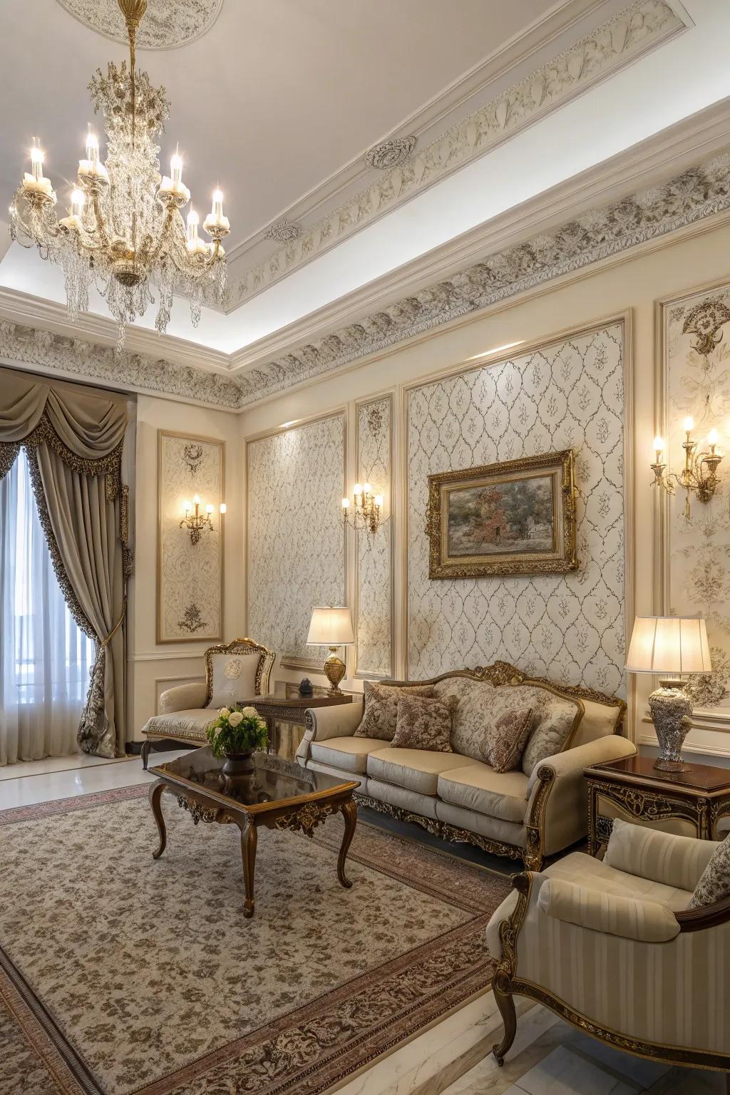 An exquisite living space elevated by an ornate wallpaper border.