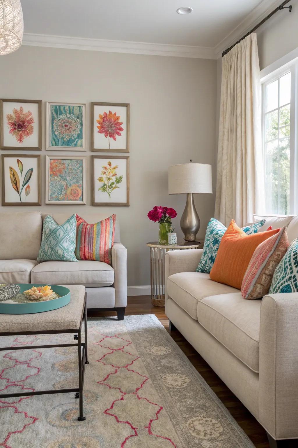 Splashes of hues introduce individuality to a neutral living room without being too imposing.