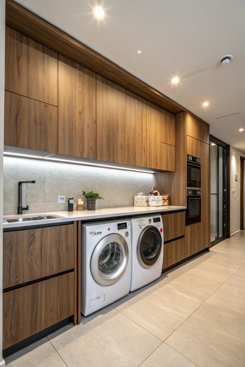 Washer and dryer seamlessly meld with culinary cabinetry, achieving a consistent visual.