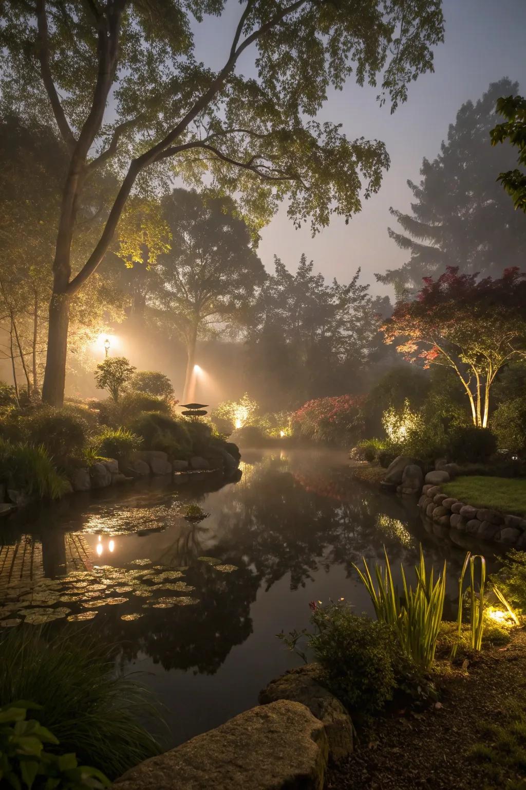 Terrace illumination crafts a magical nighttime ambiance.