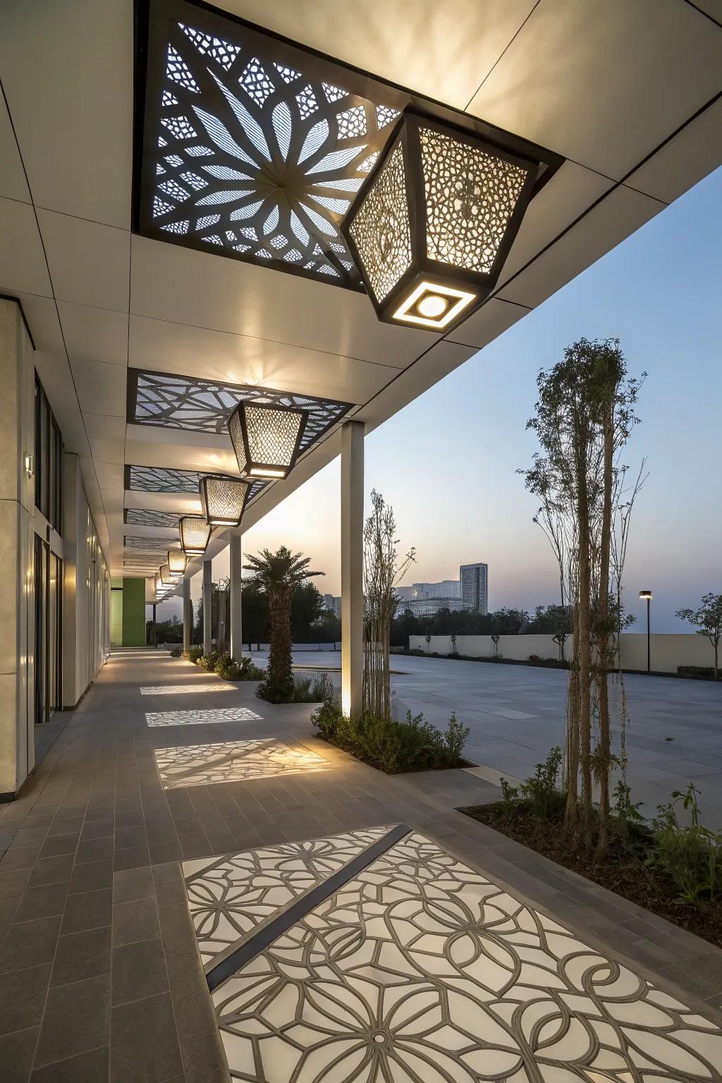 Geometric designs add a modern touch to outdoor lighting.