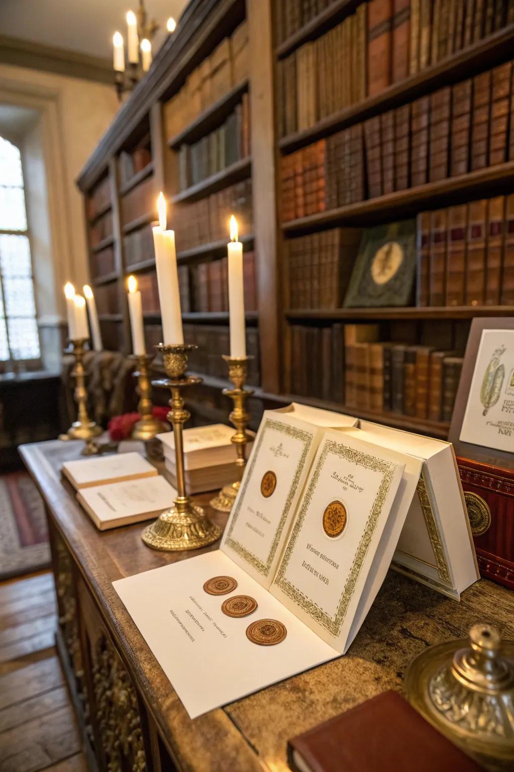 Books adorned with wax seal book plates, providing a bespoke and stylish touch.