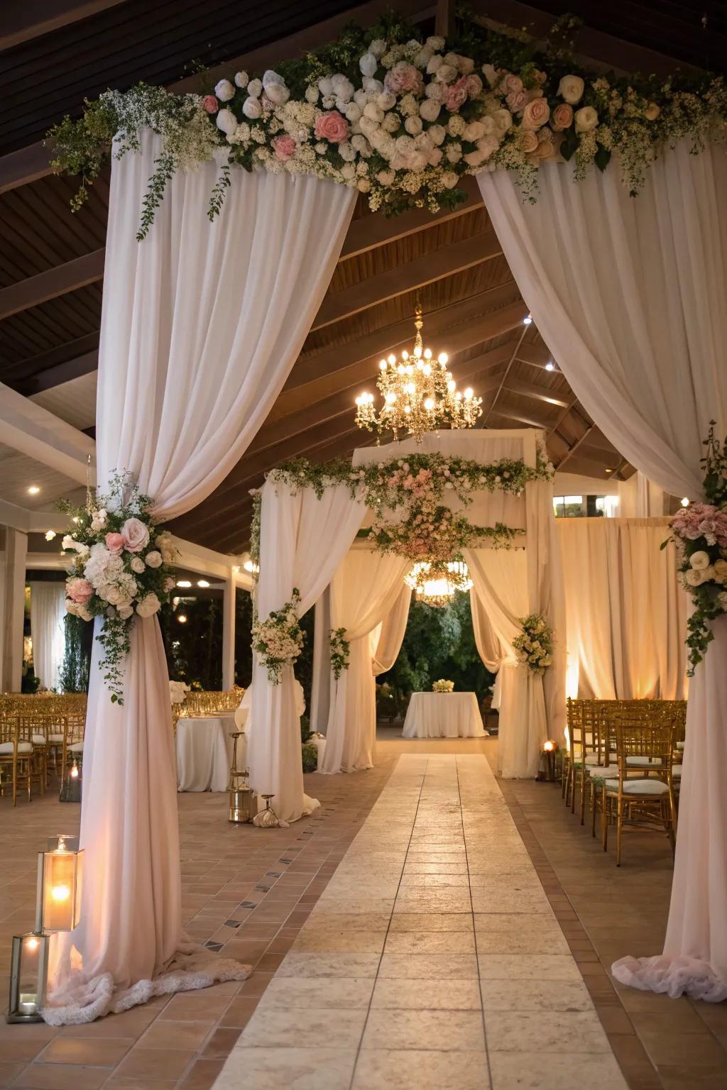 Enhance your venue through drapery decorated with romantic floral touches.