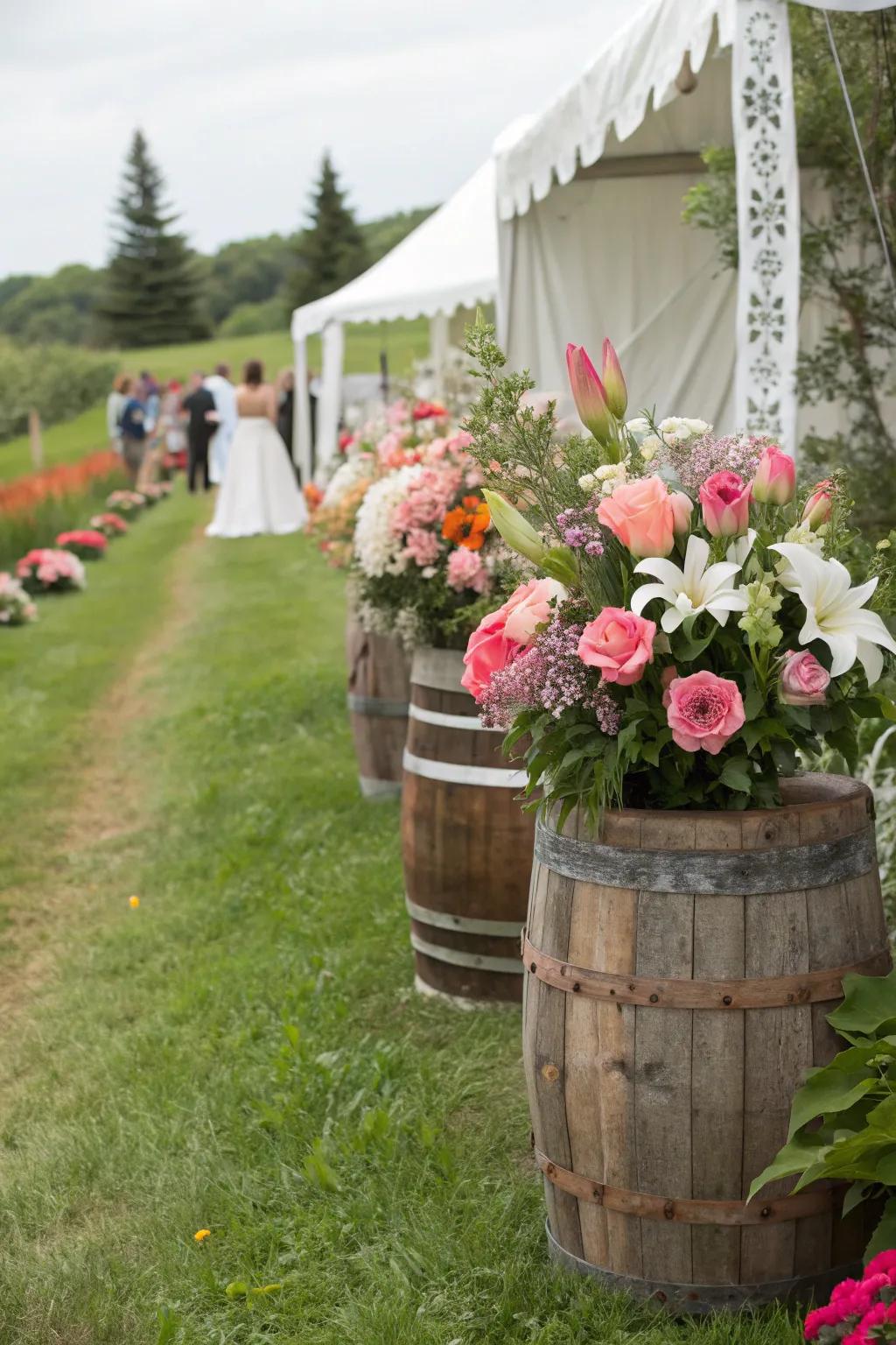 Rustic planters replete with floral arrangements, endowing charm and warmth upon a rural wedding environment.