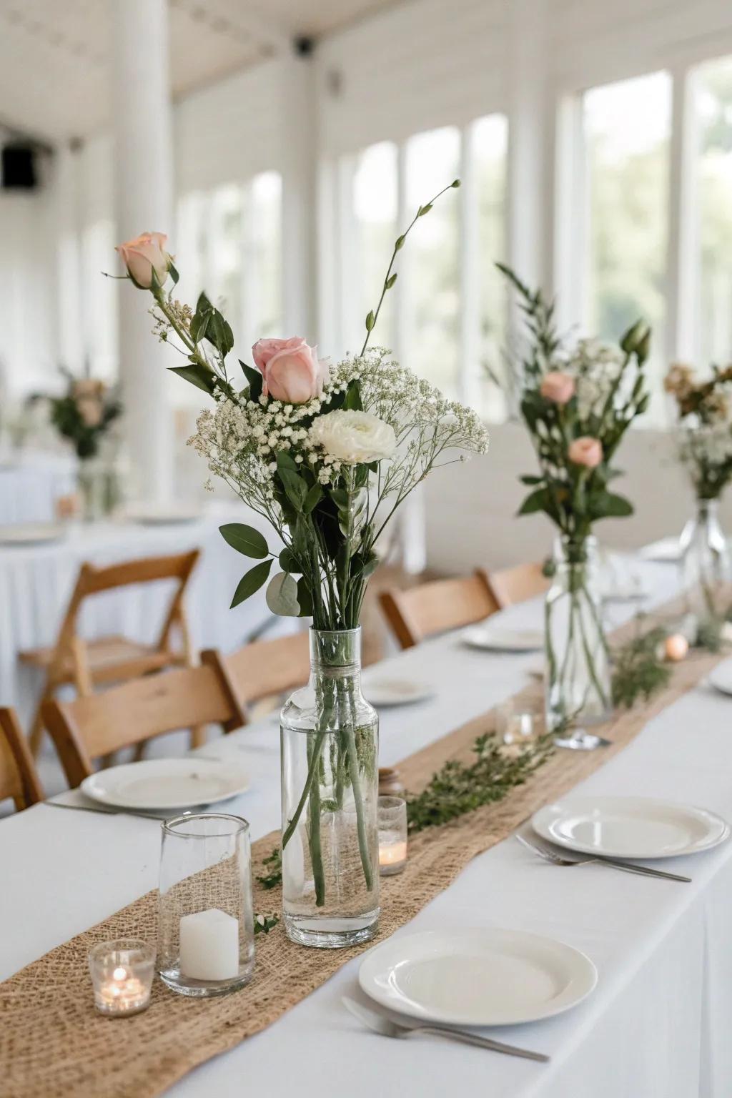Uncomplicated glass flower holders showcasing single-stem blooms introduce elegance.