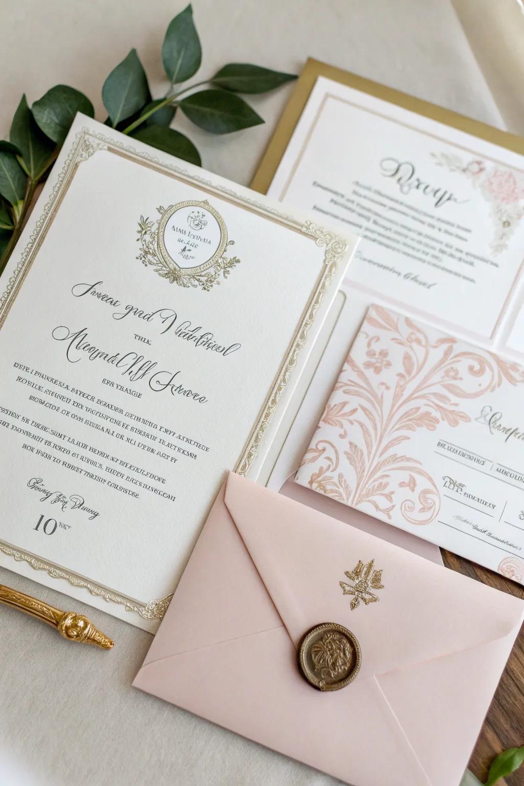 A stationery suite comprising harmonizing invitation, RSVP card, and envelope.