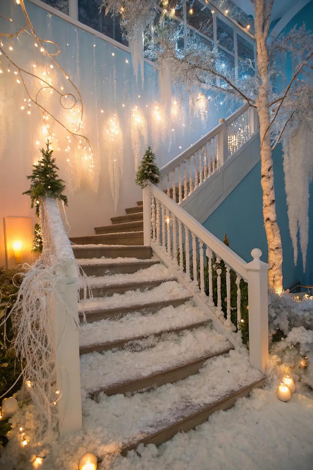 A frigid wonderland motif imparts an enchanting, seasonal accent to this stairwell.
