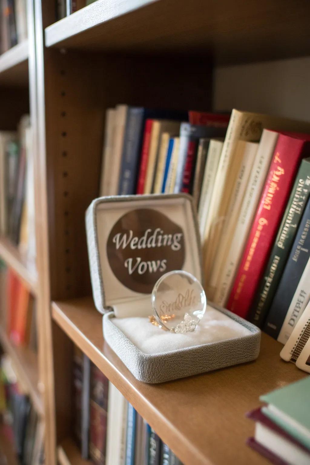 Ageless engraved translucent vows acting as a focal element on a bookshelf.