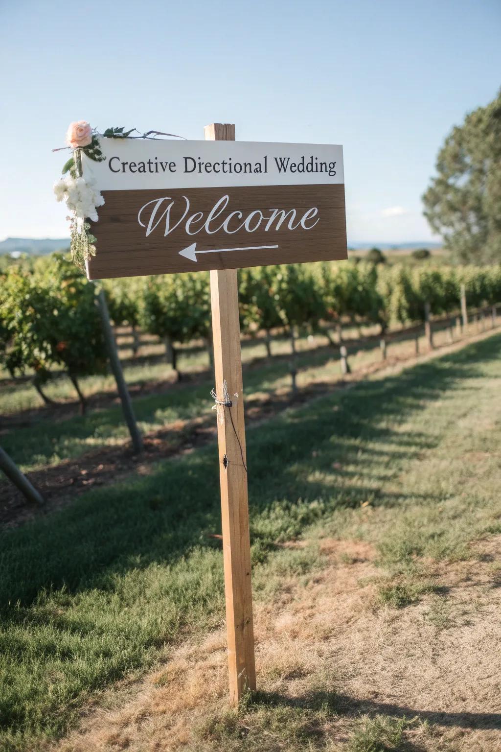 A creative directional greeting plaque, suitable for guiding guests at a vineyard wedding.