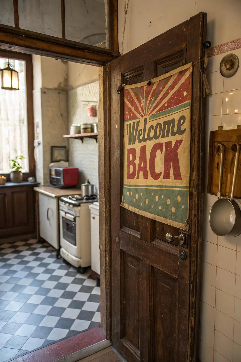 A retro-themed poster appends charm to a vintage-inspired kitchen.