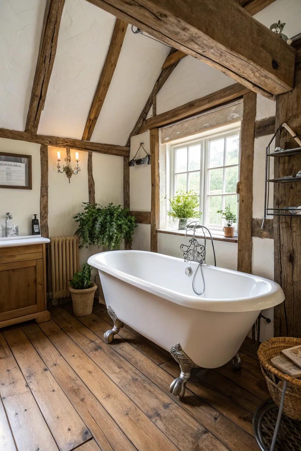 A clawfoot tub introduces vintage elegance and comfort.