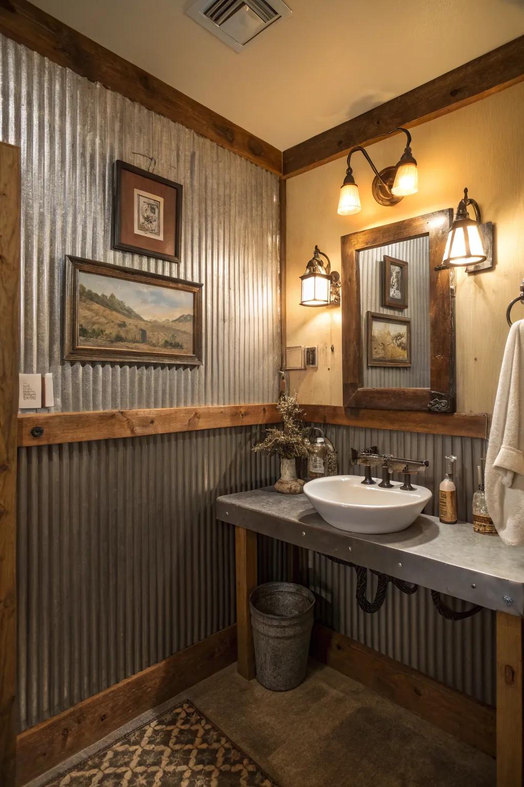 Wavy metal paneling adds barn-inspired charm to this bathroom.