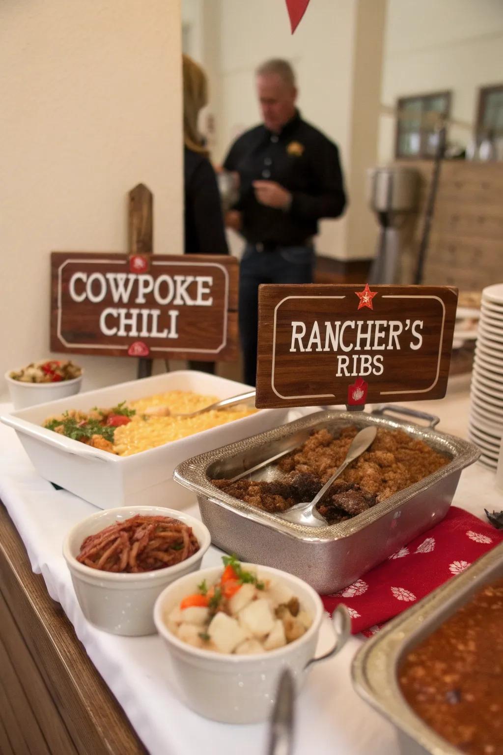Western-themed culinary labels sustain thematic coherence within your menu.