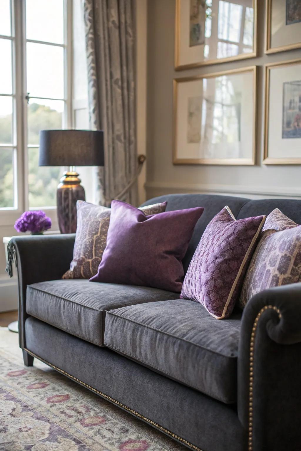 Amethyst hues lend a sophisticated and regal touch to a dark grey sofa.