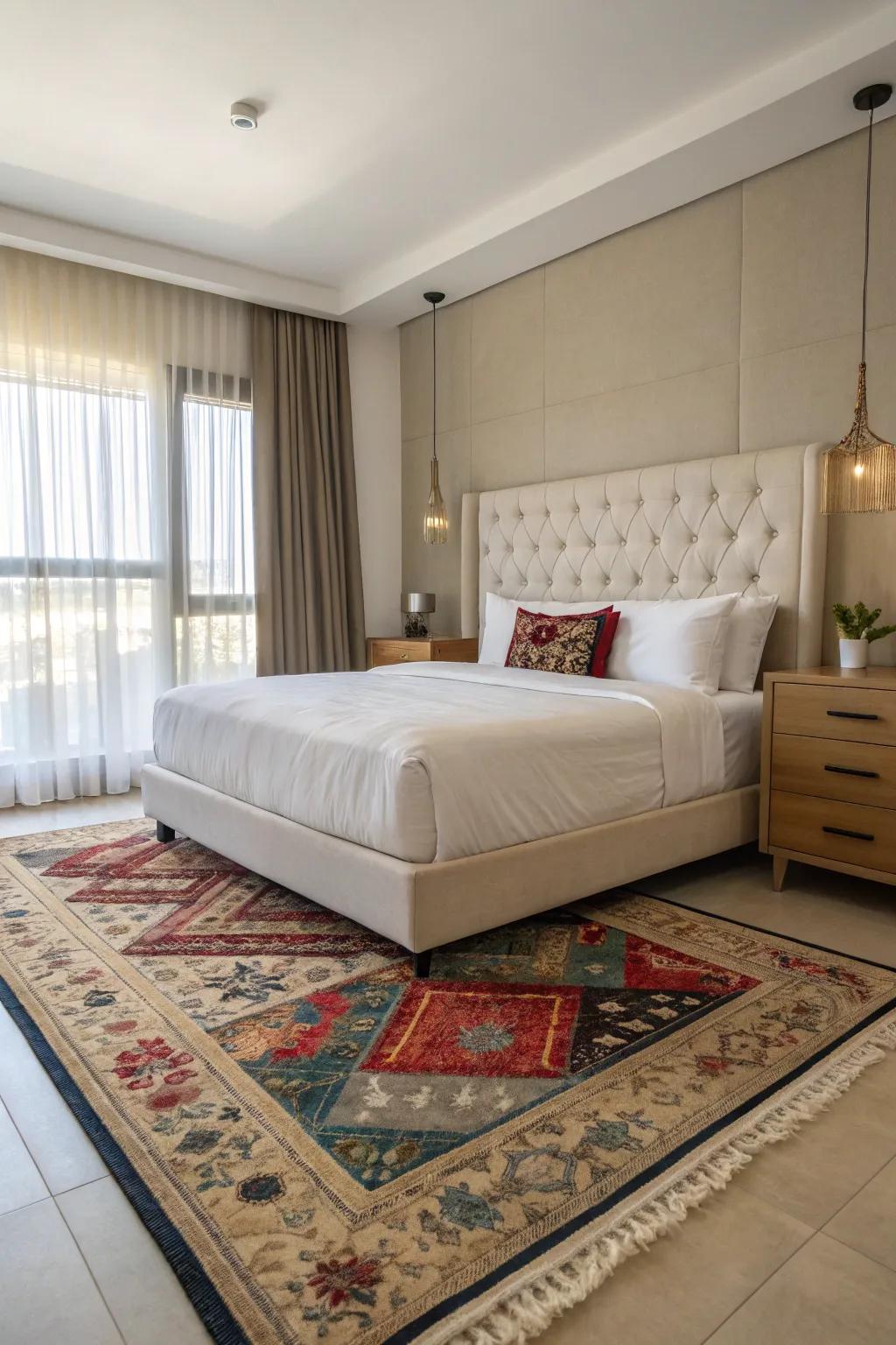 The drifting floor covering method cultivates a modern and refined sleeping chamber ambiance.