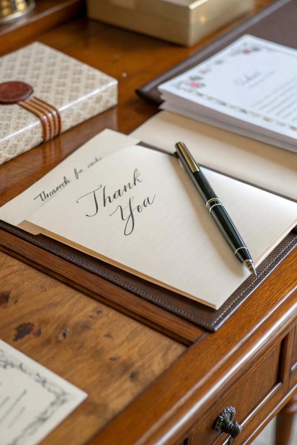 A handwritten thank you note brings a personal, genuine touch.