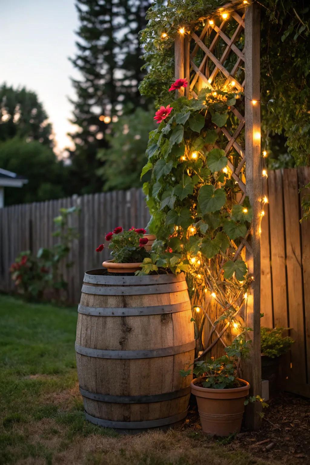 An espalier tower with shimmer lights composing an illuminated garden attribute.