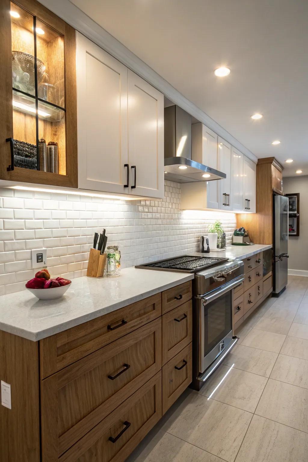 Vibrant illumination heightening the ivory backsplash.