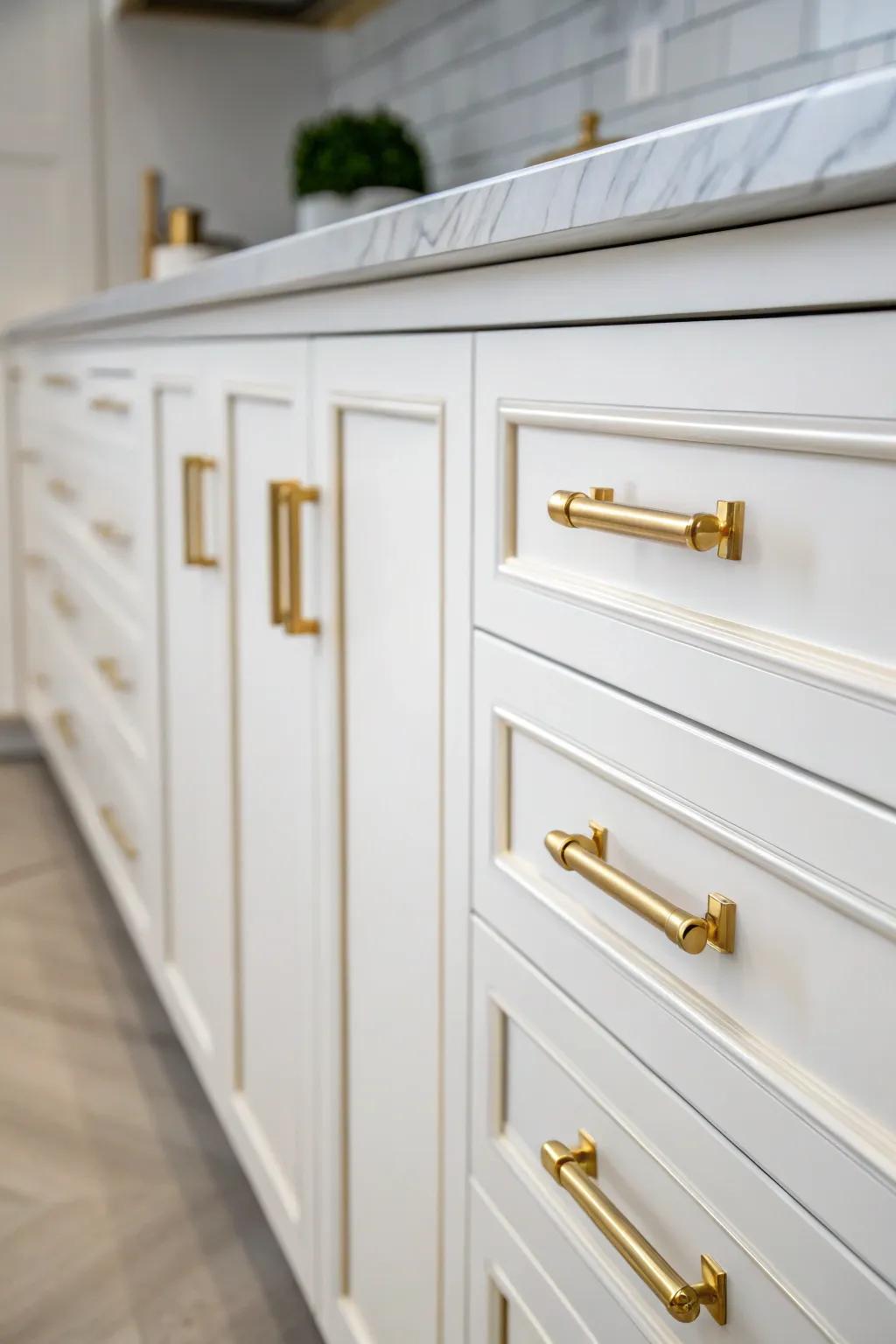 Gold hardware adds a luxurious touch to white kitchen cabinets.