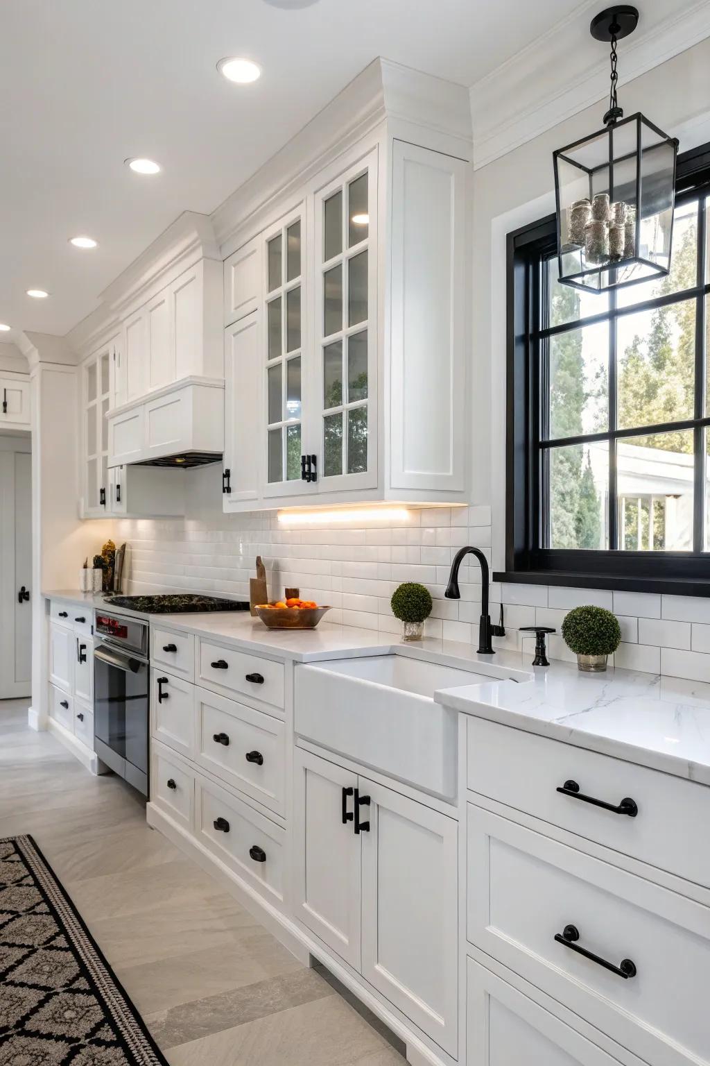 Black highlights provide a striking contrast in this timeless white kitchen.