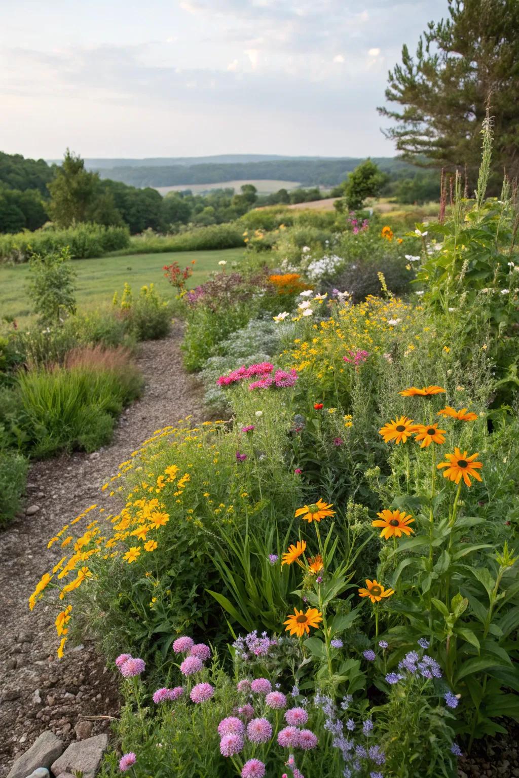Wildflowers acting as lively organic ground cover in a garden.