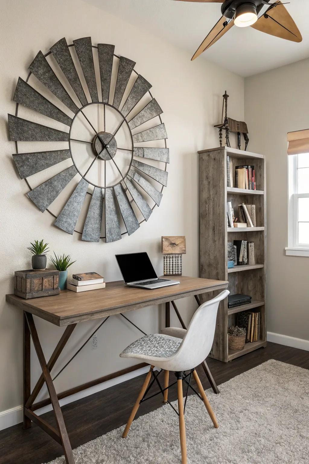 Subdued metallic aero-decor imparts an industrial sophistication to the office.