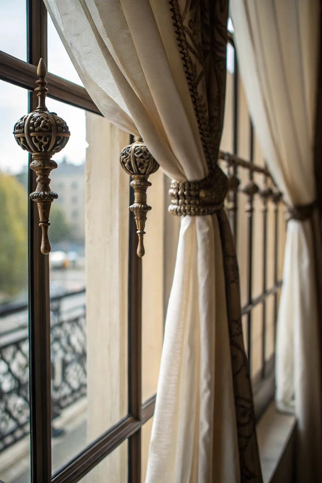 Ornate fixtures append an ornamental note to these window treatments.