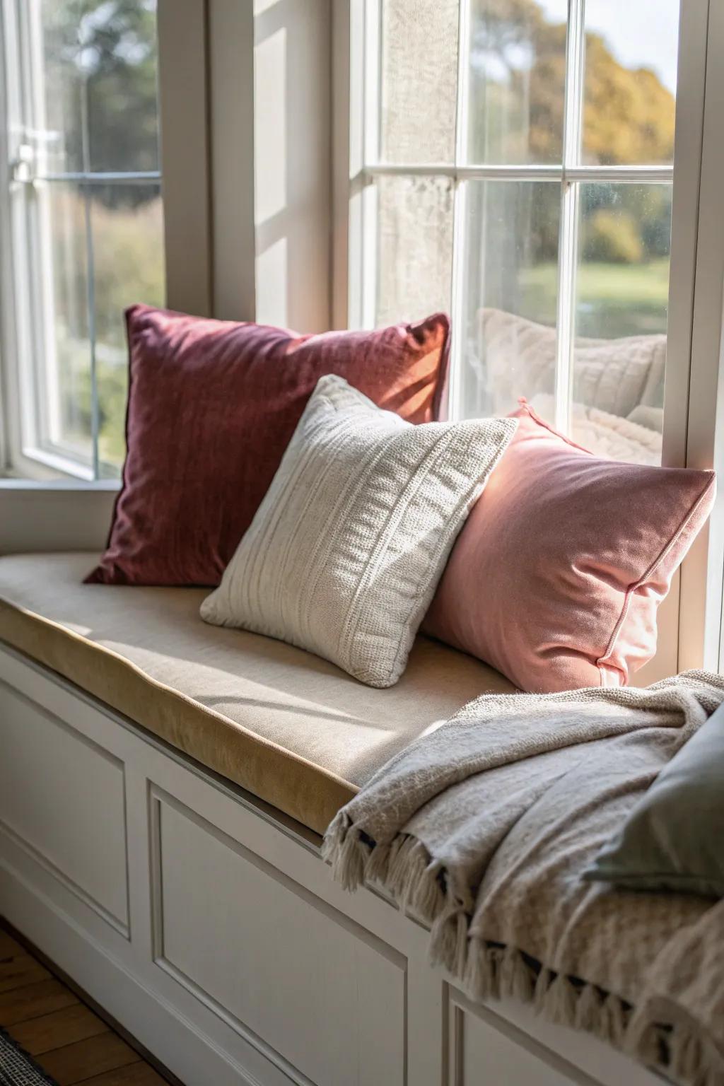 A window seat that has an array of fabrics to add comfort and style.