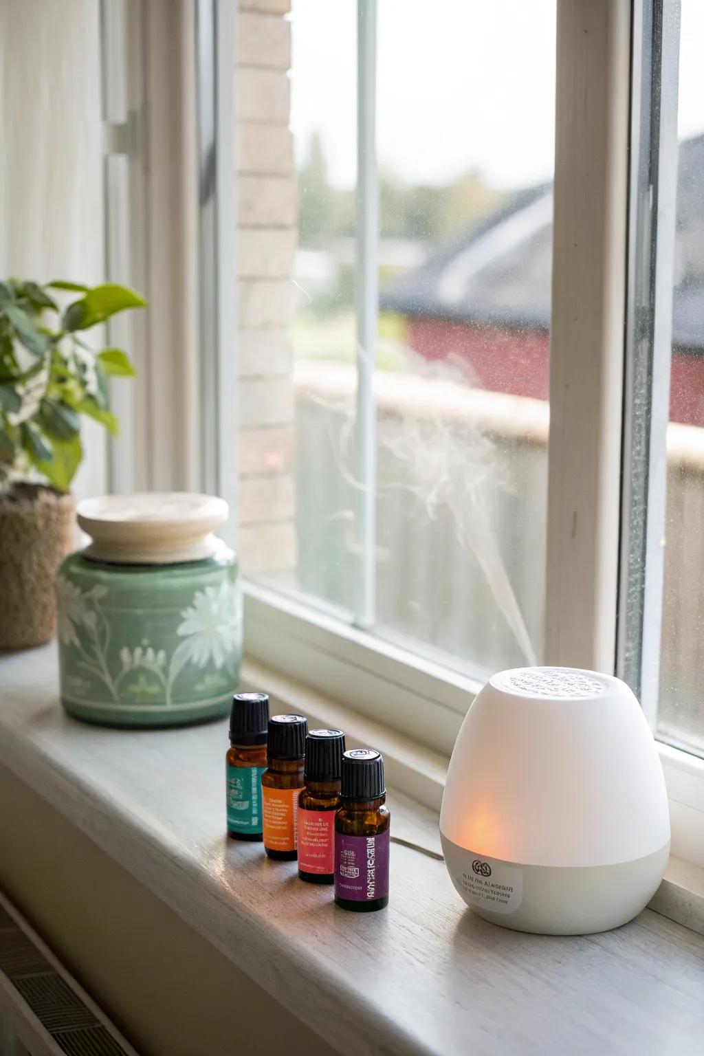 An aromatherapy composition using scented oils atop a window sill.