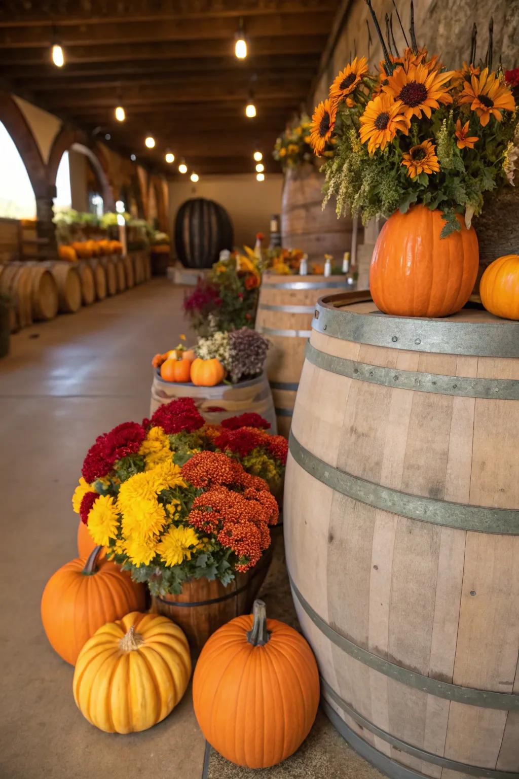 A wine barrel styled for the autumnal period.