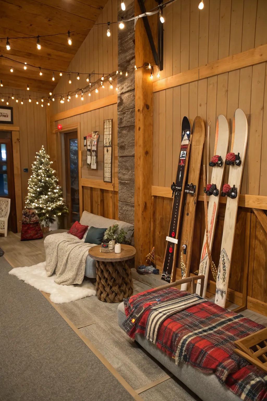 An adventurous Ski Lodge Retreat theme with ski and snowboard decorations.