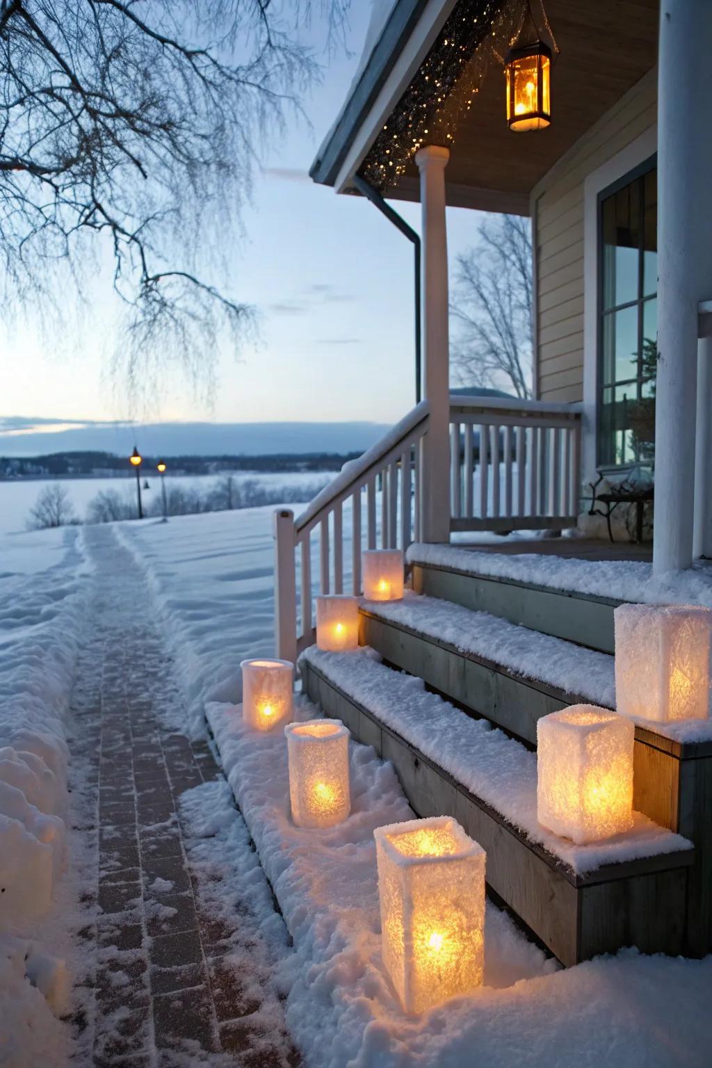 Captivating ice beacons illuminate this winter porch.