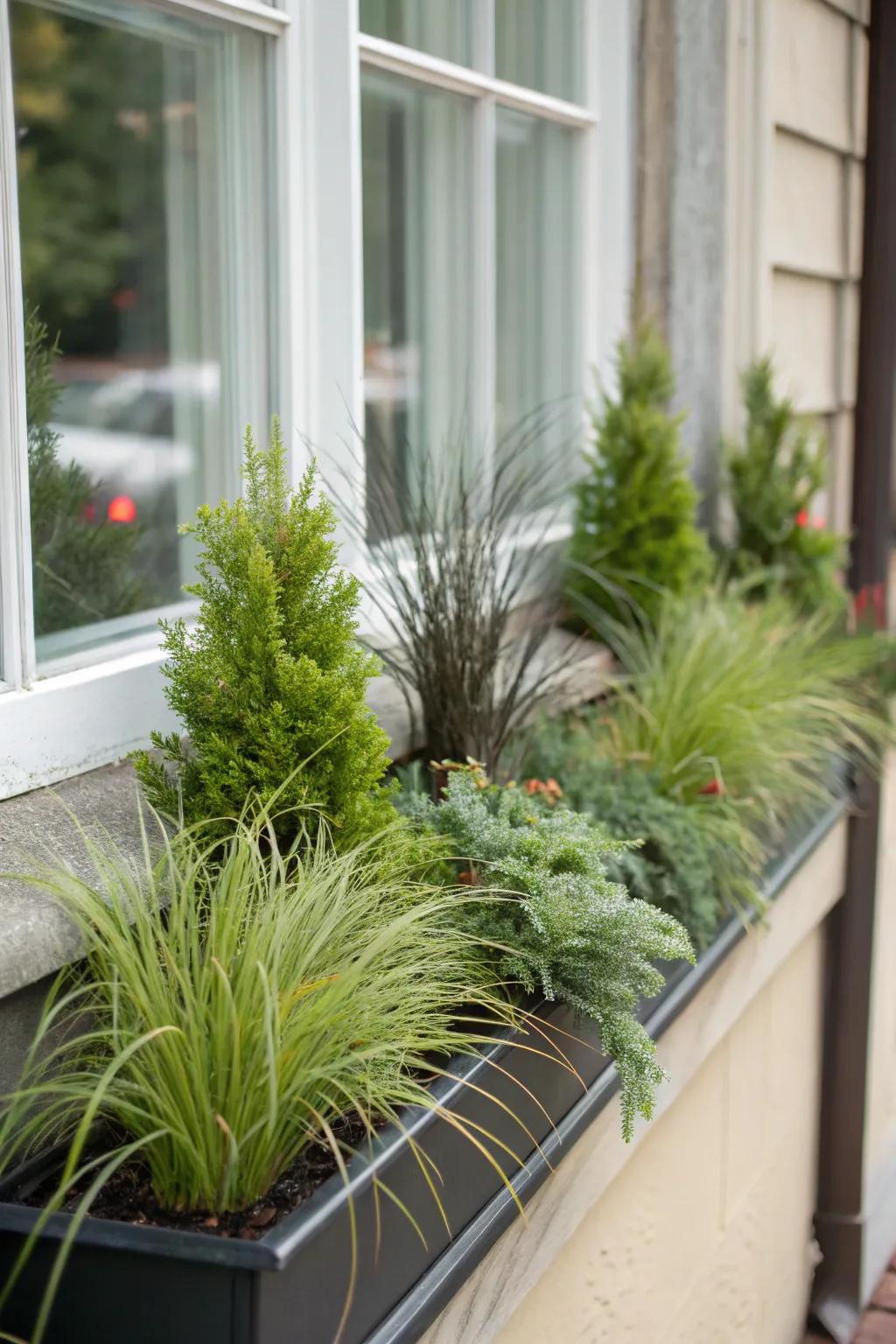 Carex grasses infuse this winter window box with texture and motion.