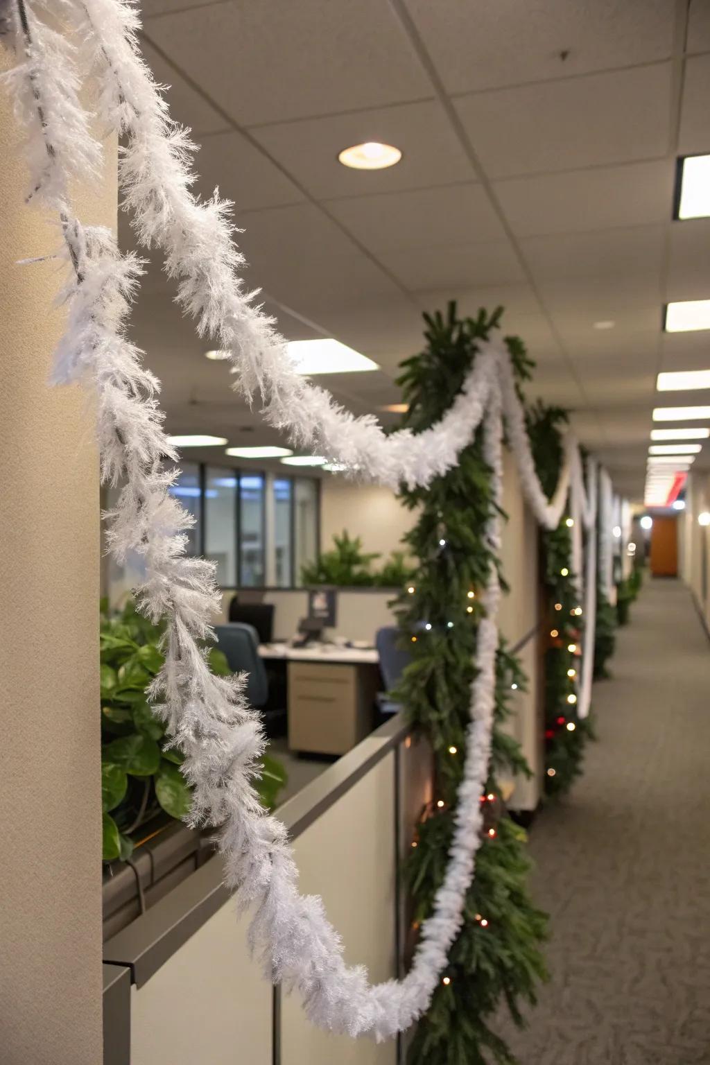 A handcrafted simulated hoarfrost festoon appends an inventive snowy refinement to your office.