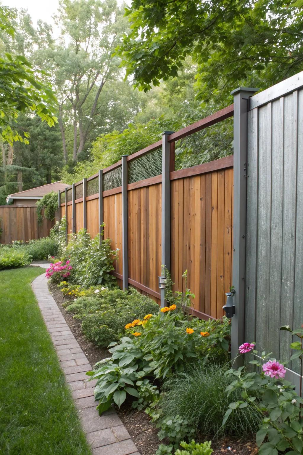 A unique privacy fence featuring a blend of wood and metal materials.